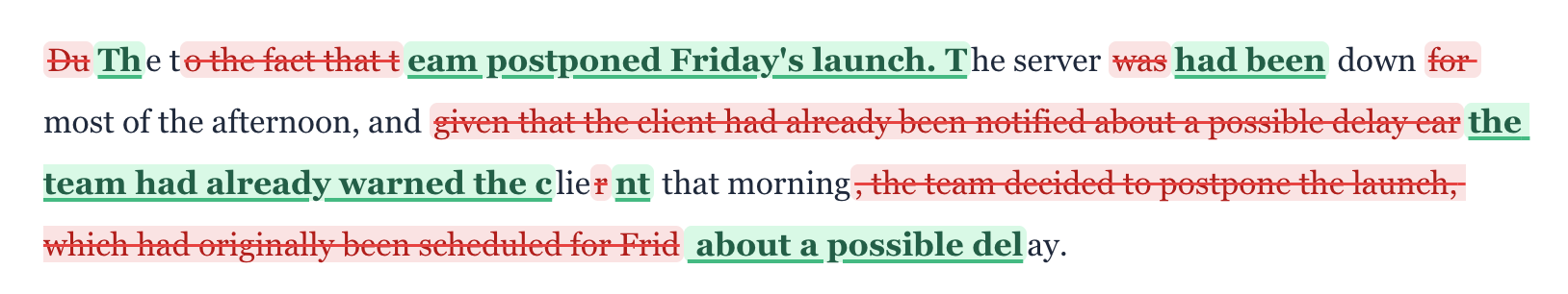 Redline comparison showing a 43-word sentence reduced to 27 words